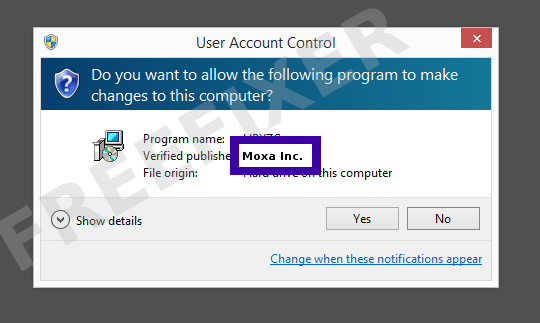 Screenshot where Moxa Inc. appears as the verified publisher in the UAC dialog